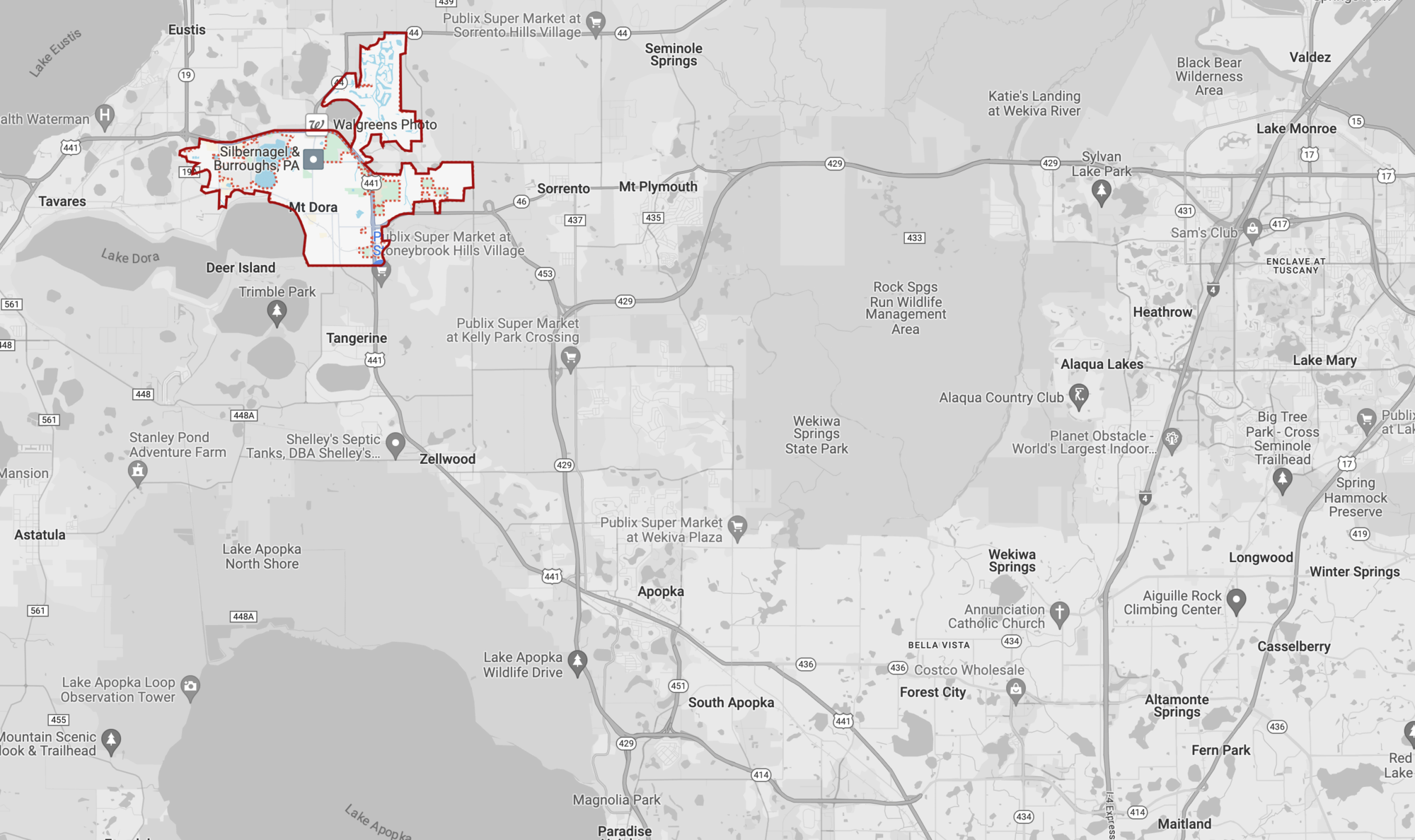 mount dora highlighted on a google map